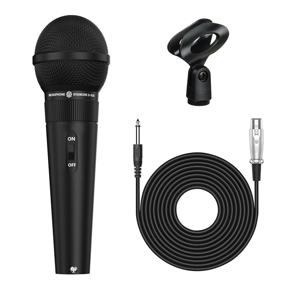 Digimore D-1020 Cardioid Dynamic Microphone with 20ft XLR Cable & Mic Holder for Vocals and Live Performances
