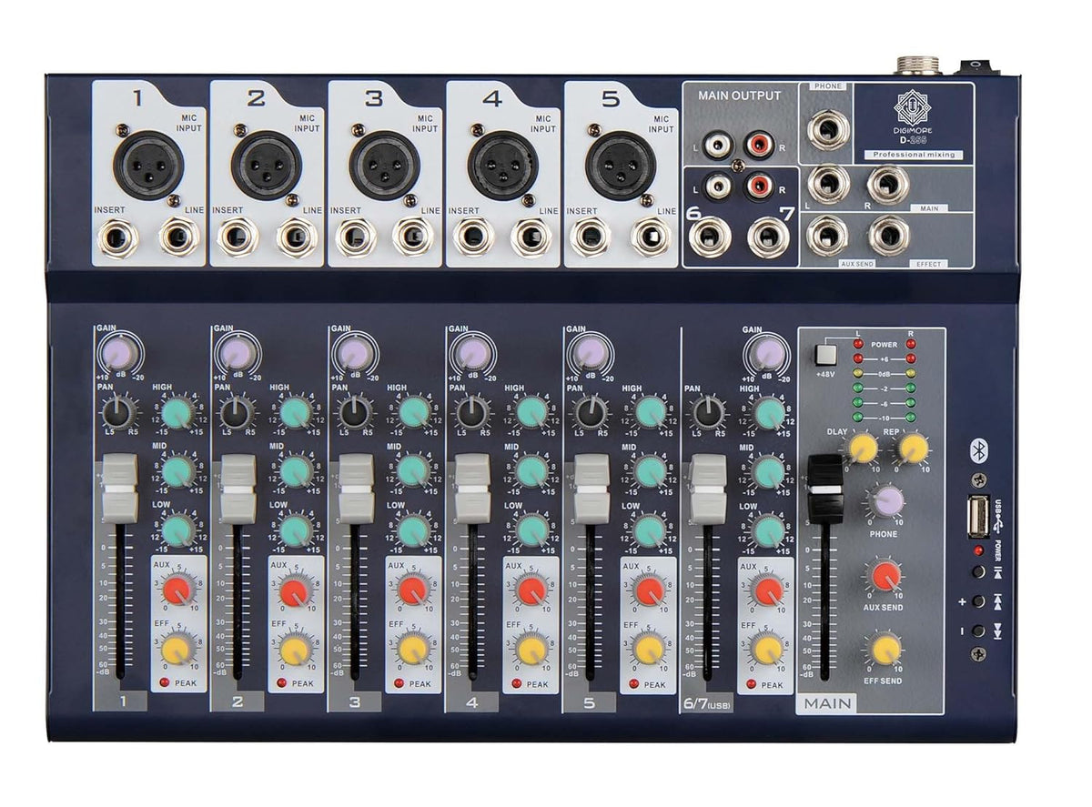 Digimore D-255 7-Channel Audio Mixer with USB, MP3, 48V Phantom Power & Stereo EQ