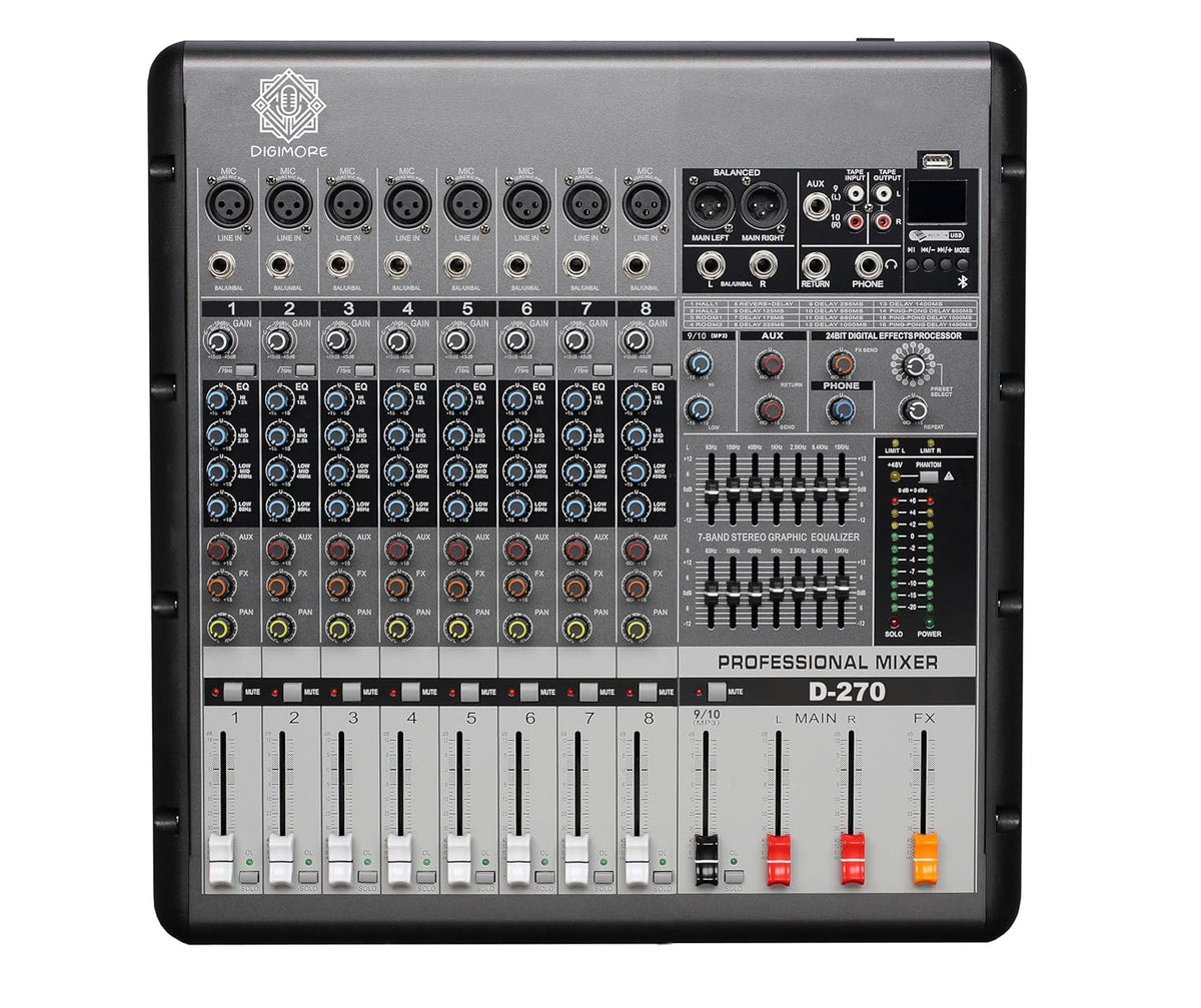 Digimore D-270 12-Channel 8000W Digital Mixer with DJ FX, 7-Band EQ, Built-in Amp, USB/SD/FM Outputs