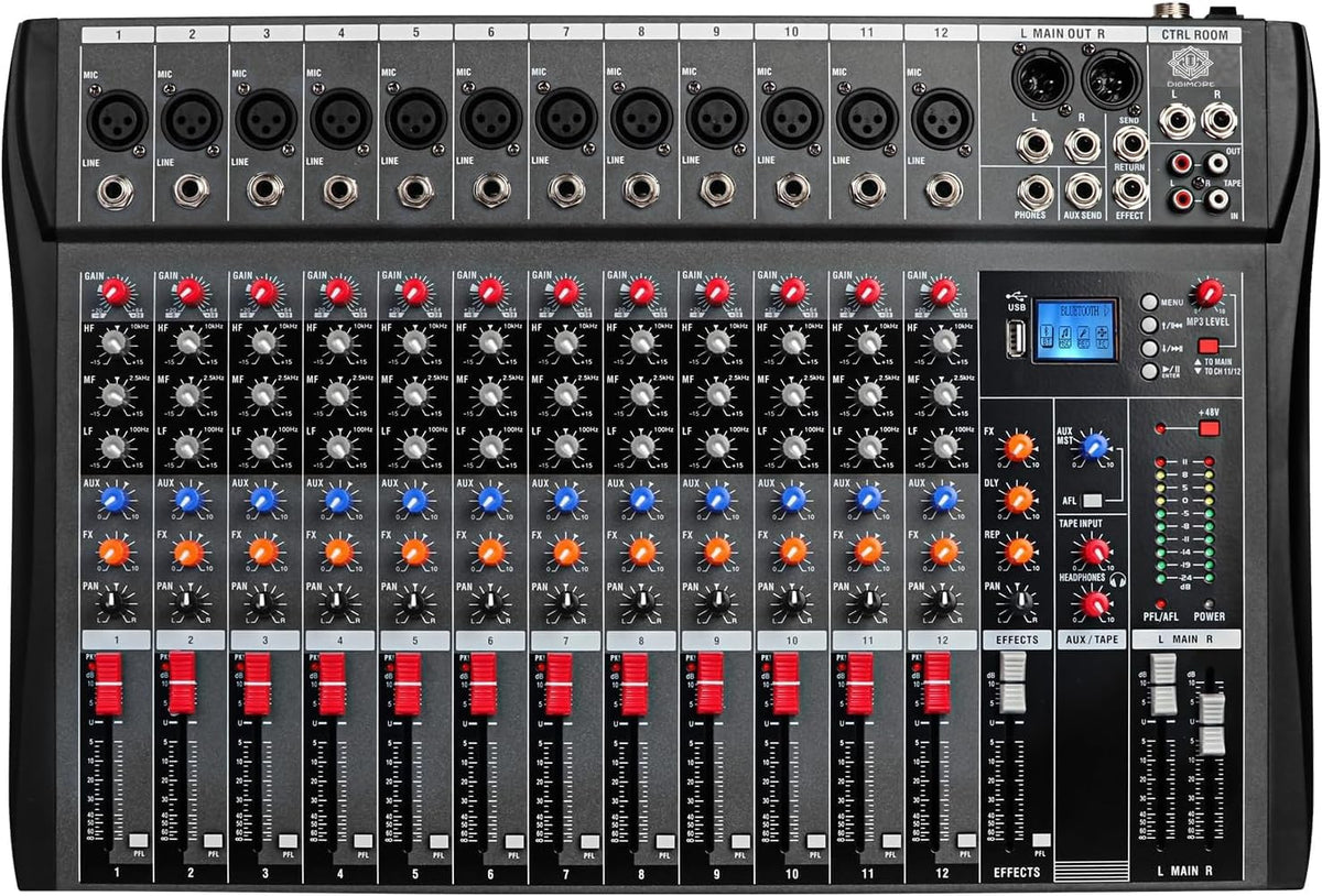 Digimore D-285 12-Channel Mixer, XLR & 6.35mm Inputs, USB, BT, 48V Phantom Power, 5-Band EQ, FX