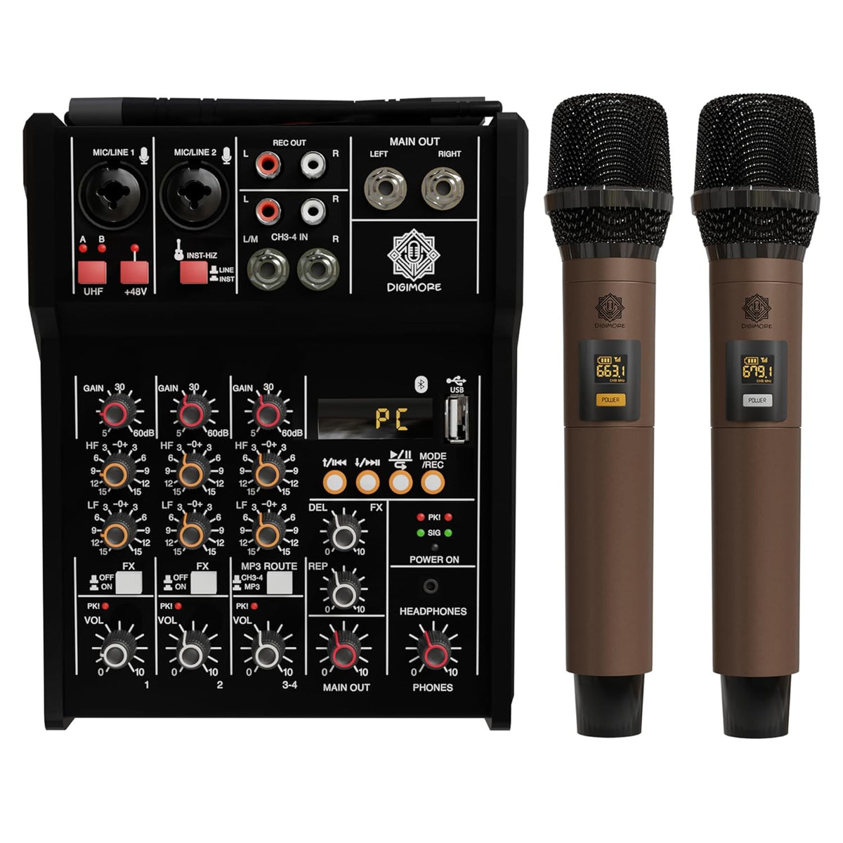 Digimore D-300 , 4 Channel Professional Audio Mixer with Dual UHF Wireless Mics for Home Karaoke Party, Live Band, Small Events