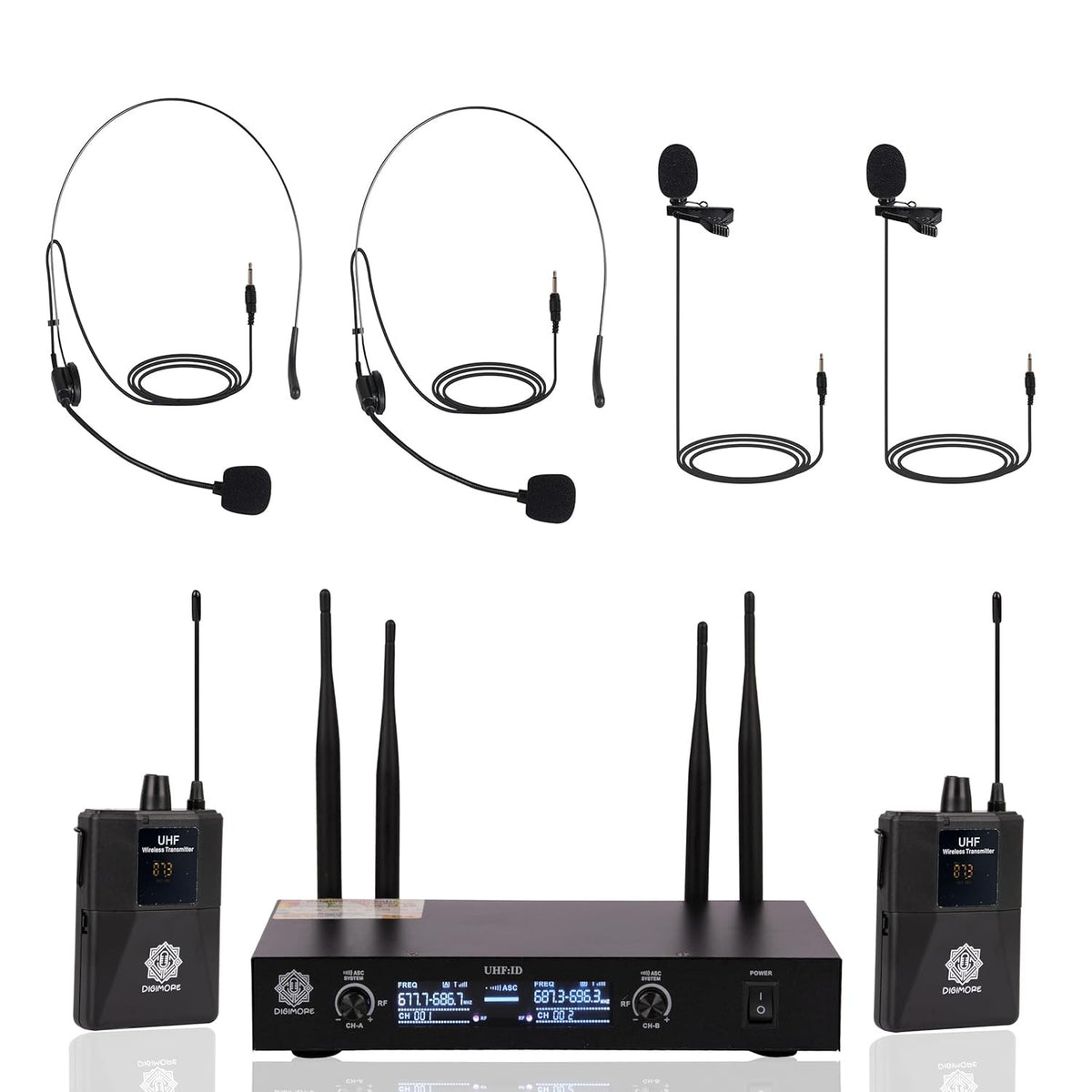 Digimore D-370 UHF Dual Wireless Mic System Lavalier & Headset Mics for PA, Karaoke & More