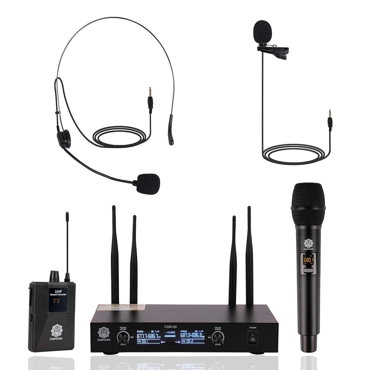 Digimore D-380 Wireless Mic System – Handheld, Headset & Lapel Mics, 2 x 30 UHF Frequencies