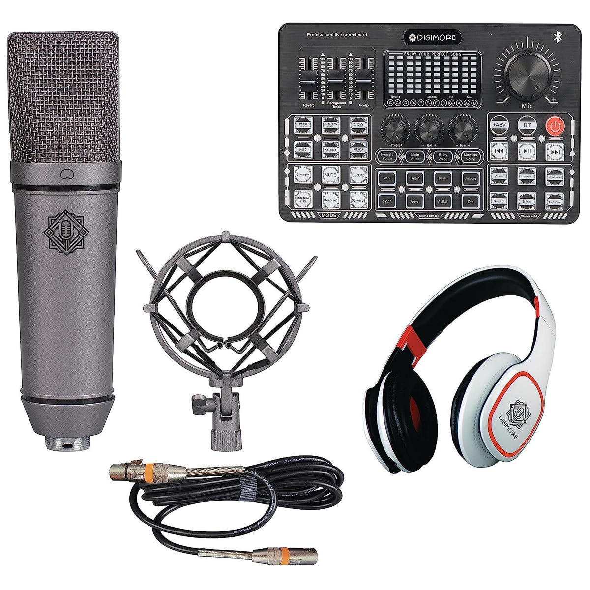 Digimore D-410 Podcast Recording Bundle 48V mic bundle with M300 voice changer, perfect for podcasting, streaming, and recording
