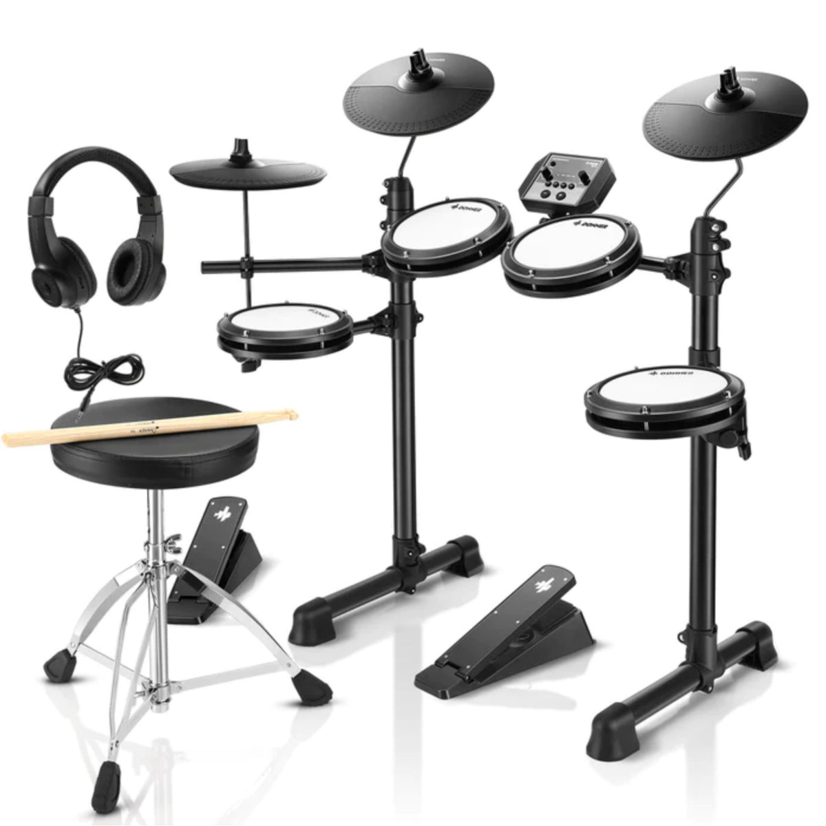 Donner DED-80 Electric Drum Set offers 180 sounds, mesh drums, and includes pedals, throne, sticks, and headphones.