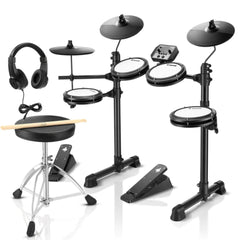 Donner DED-80 Electric Drum Set offers 180 sounds, mesh drums, and includes pedals, throne, sticks, and headphones.