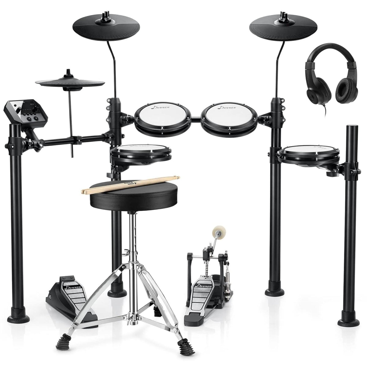 Donner DED-95 Electric Drum Set is a beginner-friendly kit with 180 sounds, mesh drums, and a kick drum