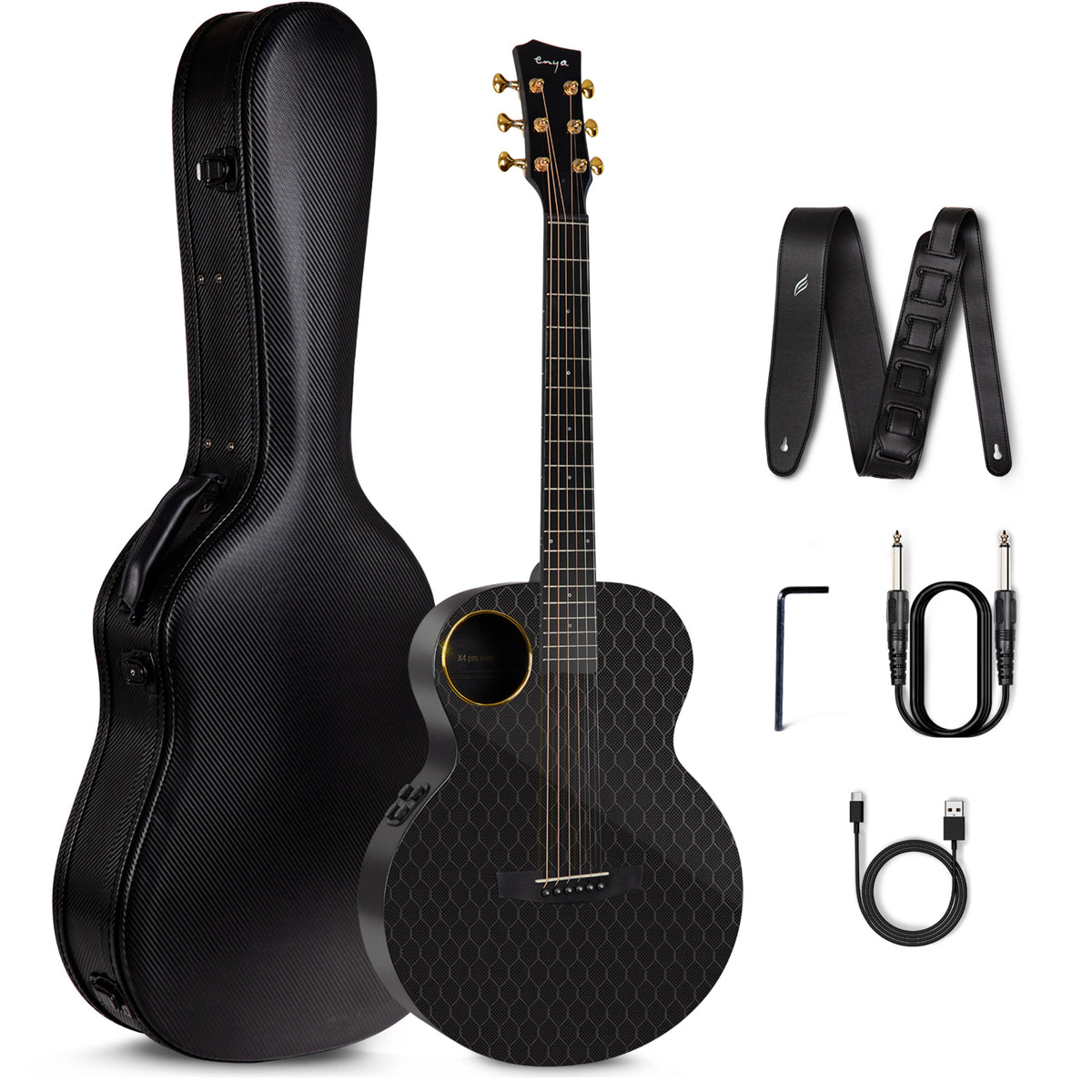 Enya X4 PRO MINI EQ 36-Inch TransAcoustic Guitar with Hard case - Black Glossy