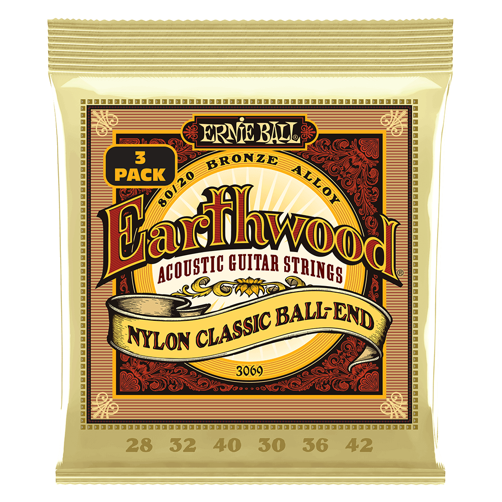 Ernie Ball Earthwood 80/20 Bronze Nylon Ball End Folk/Classical Guitar Strings - 28-42 Gauge - 3 pack