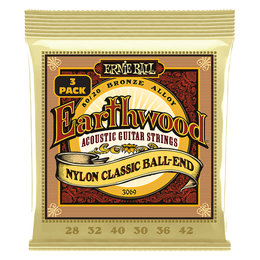 Ernie Ball Earthwood 80/20 Bronze Nylon Ball End Folk/Classical Guitar Strings - 28-42 Gauge - 3 pack