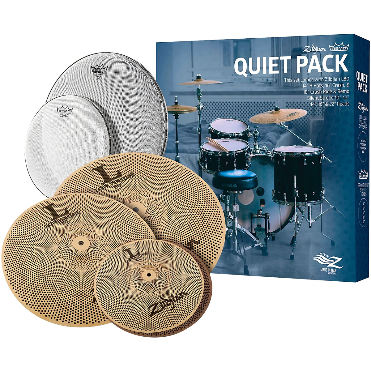 Zildjian LV468RH Low Volume Cymbal Pack with Remo Silent Stroke Drumheads